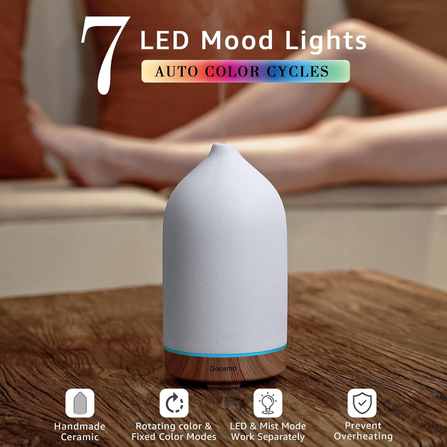 Gooamp Ceramic Essential Oil Diffuser 200ml Ultrasonic Aromatherapy Humidifier with LED Lights