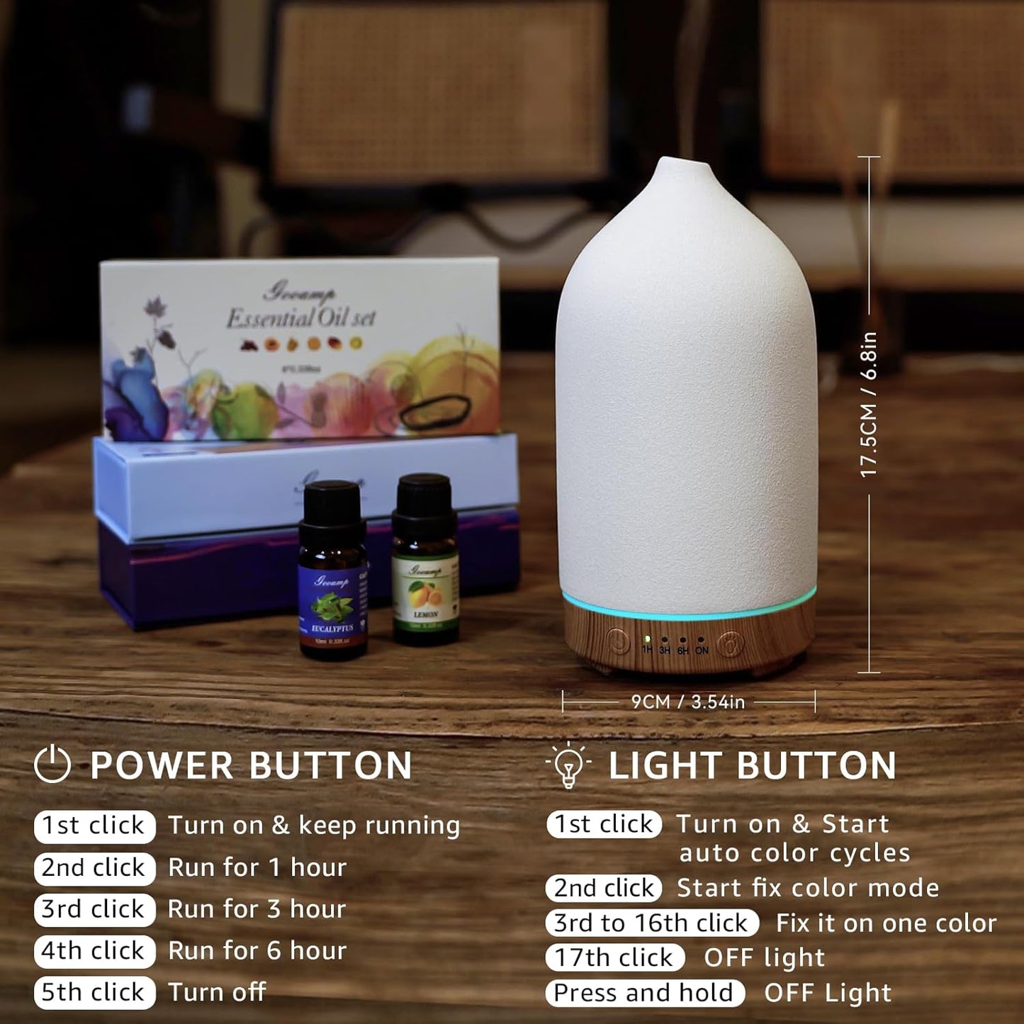 Gooamp Ceramic Essential Oil Diffuser 200ml Ultrasonic Aromatherapy Humidifier with LED Lights