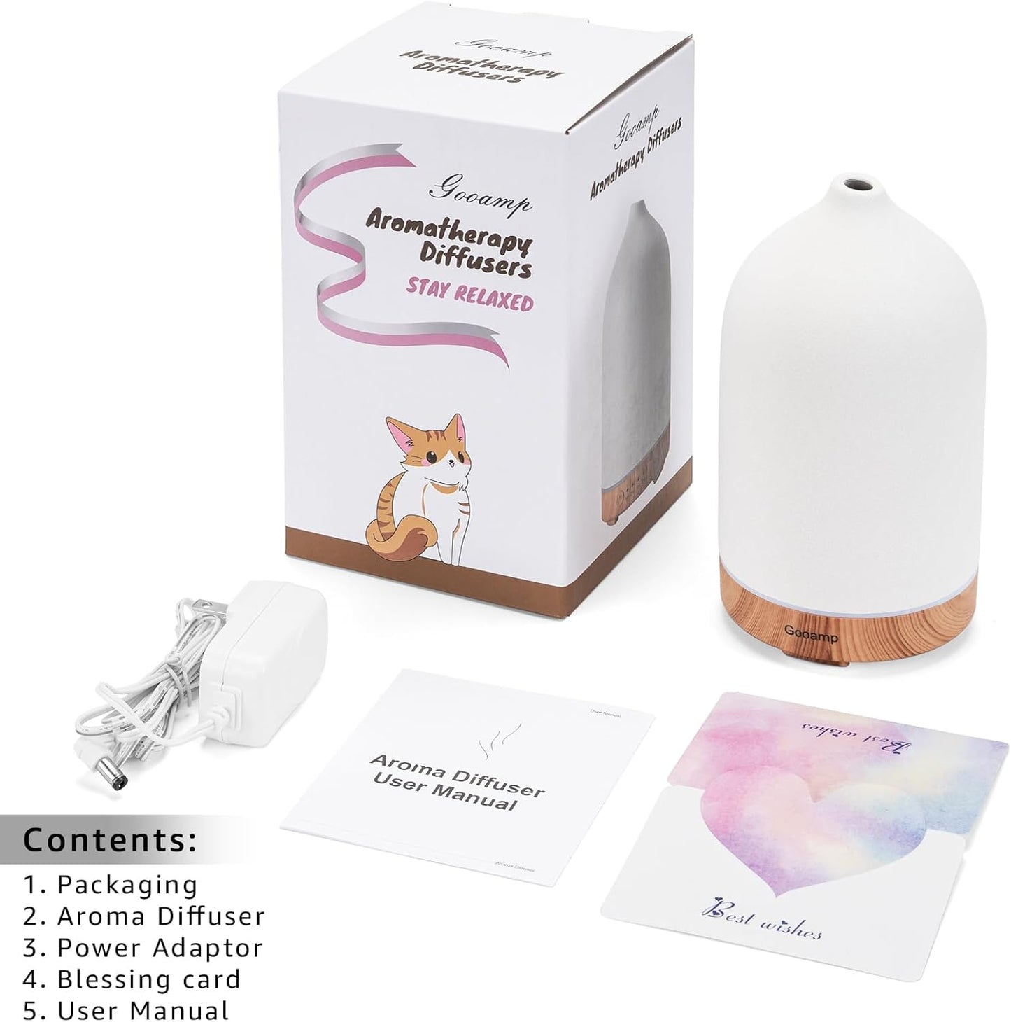 Gooamp Ceramic Essential Oil Diffuser 200ml Ultrasonic Aromatherapy Humidifier with LED Lights