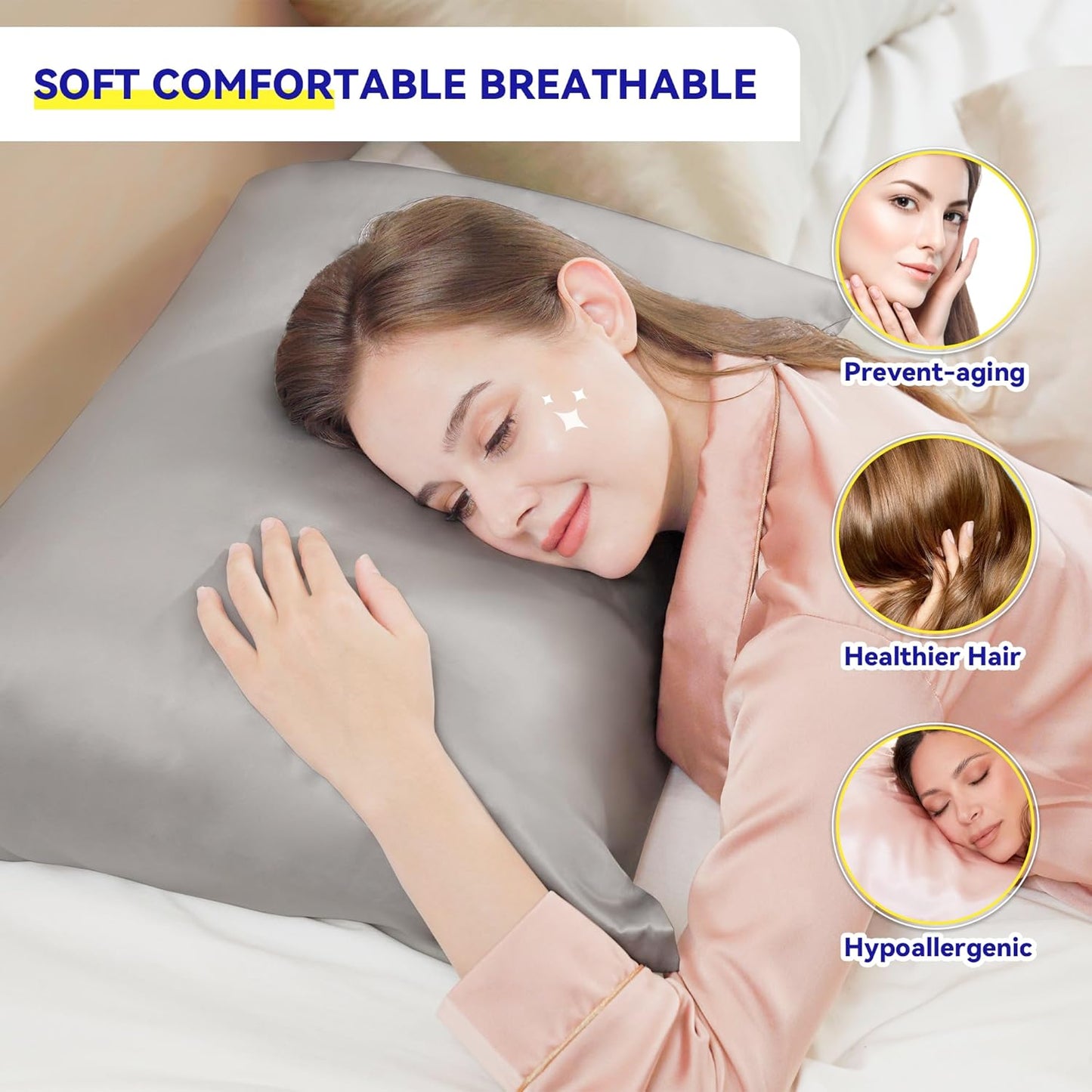 100% Mulberry Silk Pillowcase for Hair and Skin Grey Standard 20x26in