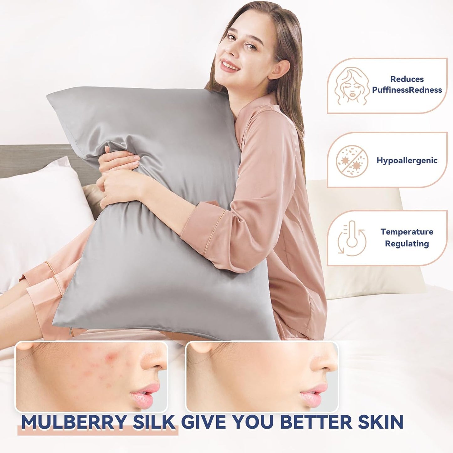 100% Mulberry Silk Pillowcase for Hair and Skin Grey Standard 20x26in
