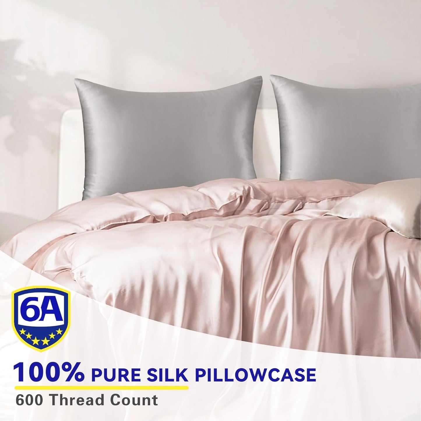 100% Mulberry Silk Pillowcase for Hair and Skin Grey Standard 20x26in